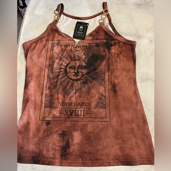 ETCYY Distressed Brown tshirt with cold straps Large - Picture 1 of 3